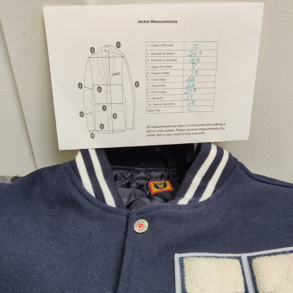Human Made Dry Alls Varsity Jacket Navy Wool Leather Size L - Picture 12 of 12